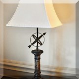 D22. Frederick Cooper marble pedestal lamp topped with armillary sundial. 28&rdquo;h  